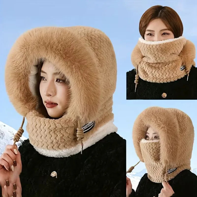Sombrero, capucha, bufanda y máscara de felpa térmica para mujer de otoño e invierno, protección para los oídos, diseño grueso y resistente al viento para salir a montar al aire libre