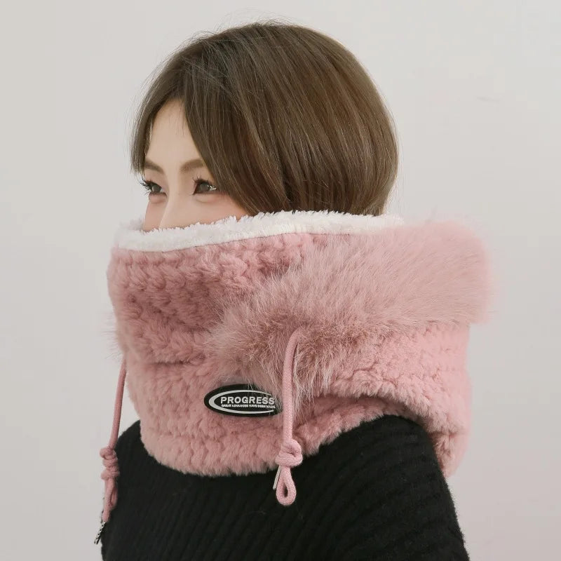 Sombrero, capucha, bufanda y máscara de felpa térmica para mujer de otoño e invierno, protección para los oídos, diseño grueso y resistente al viento para salir a montar al aire libre