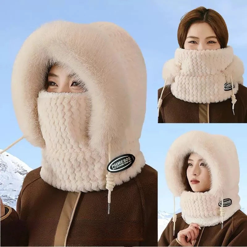 Sombrero, capucha, bufanda y máscara de felpa térmica para mujer de otoño e invierno, protección para los oídos, diseño grueso y resistente al viento para salir a montar al aire libre