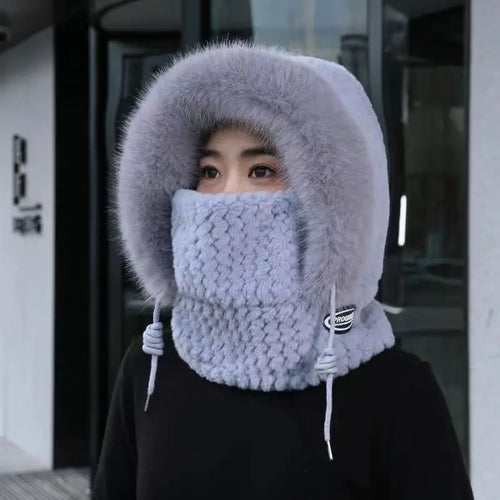 Sombrero, capucha, bufanda y máscara de felpa térmica para mujer de otoño e invierno, protección para los oídos, diseño grueso y resistente al viento para salir a montar al aire libre