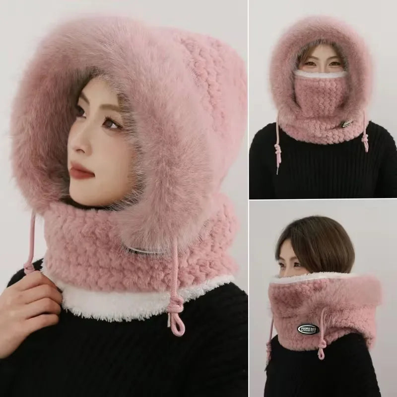 Sombrero, capucha, bufanda y máscara de felpa térmica para mujer de otoño e invierno, protección para los oídos, diseño grueso y resistente al viento para salir a montar al aire libre