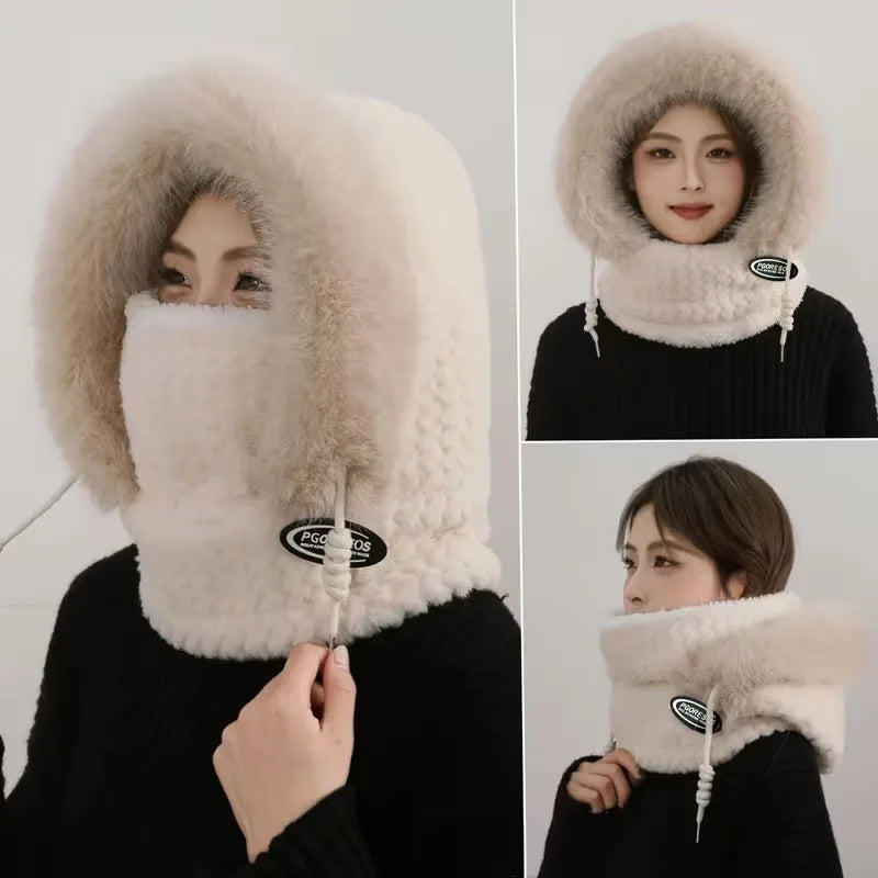 Sombrero, capucha, bufanda y máscara de felpa térmica para mujer de otoño e invierno, protección para los oídos, diseño grueso y resistente al viento para salir a montar al aire libre