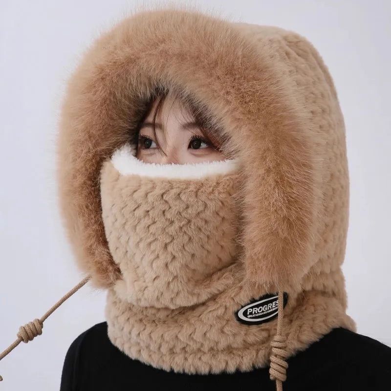 Sombrero, capucha, bufanda y máscara de felpa térmica para mujer de otoño e invierno, protección para los oídos, diseño grueso y resistente al viento para salir a montar al aire libre
