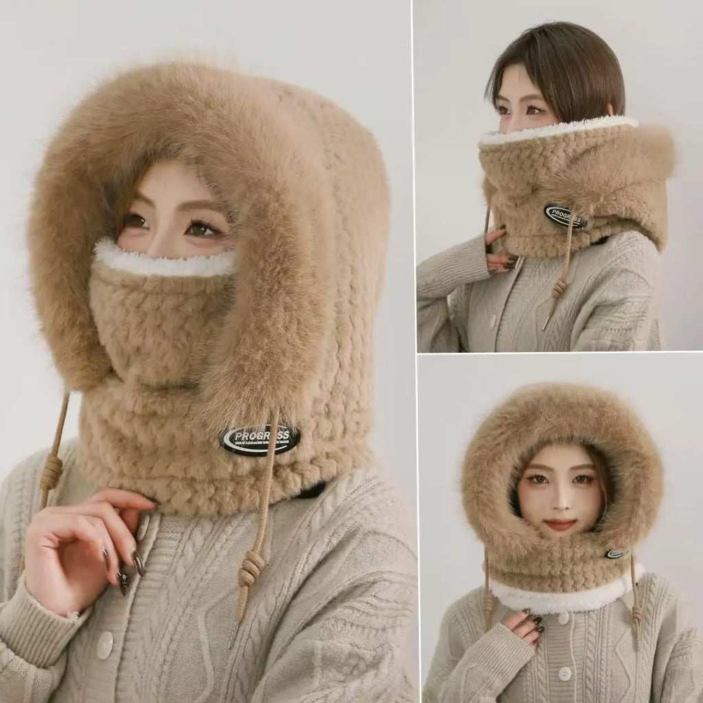 Sombrero, capucha, bufanda y máscara de felpa térmica para mujer de otoño e invierno, protección para los oídos, diseño grueso y resistente al viento para salir a montar al aire libre
