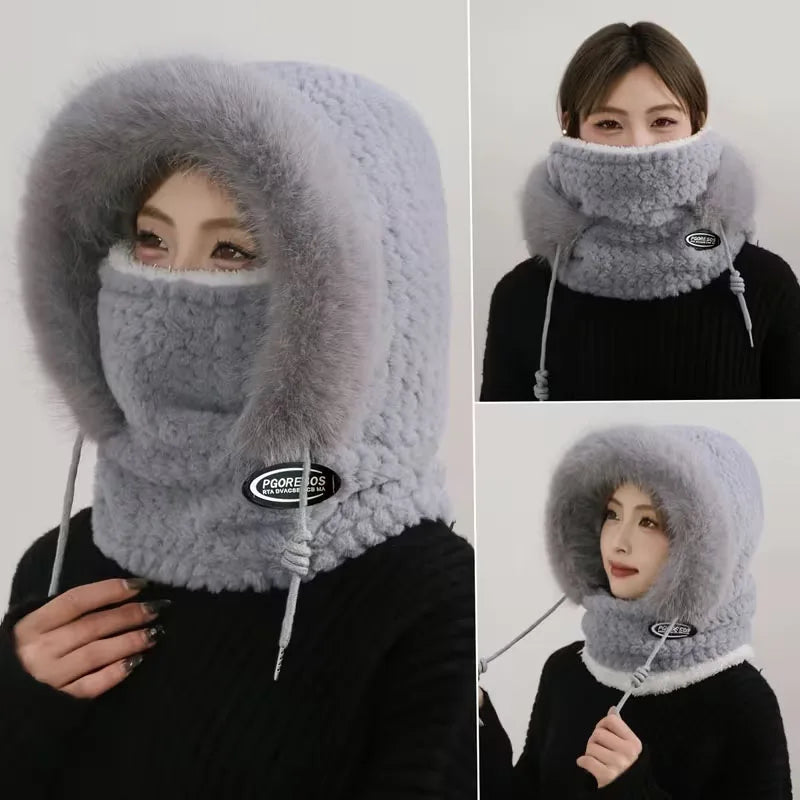 Sombrero, capucha, bufanda y máscara de felpa térmica para mujer de otoño e invierno, protección para los oídos, diseño grueso y resistente al viento para salir a montar al aire libre
