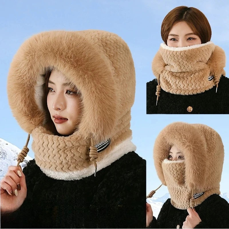 Sombrero, capucha, bufanda y máscara de felpa térmica para mujer de otoño e invierno, protección para los oídos, diseño grueso y resistente al viento para salir a montar al aire libre